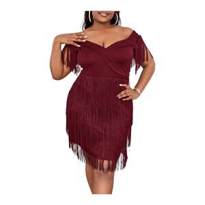 LYANER Off Shoulder Fringe Hem High Rise Bodycon Party Dress Size S for Women's